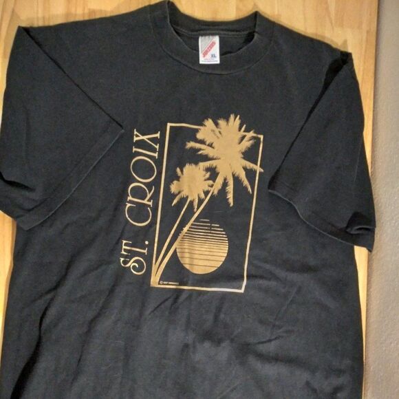 Vintage St. Croix Virgin Islands Palm Tree Sunset T-Shirt - Picture 1 of 8